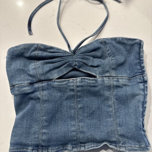 Tiger Mist Denim Halter Crop Top Size XS Cut Out - Picture 2 of 9
